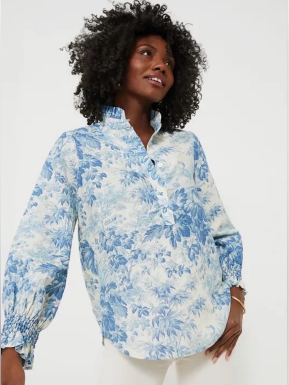 Tuckernuck Teagan Popover Blouse Size Small Misty Blue Toile Ruffle Collar $168